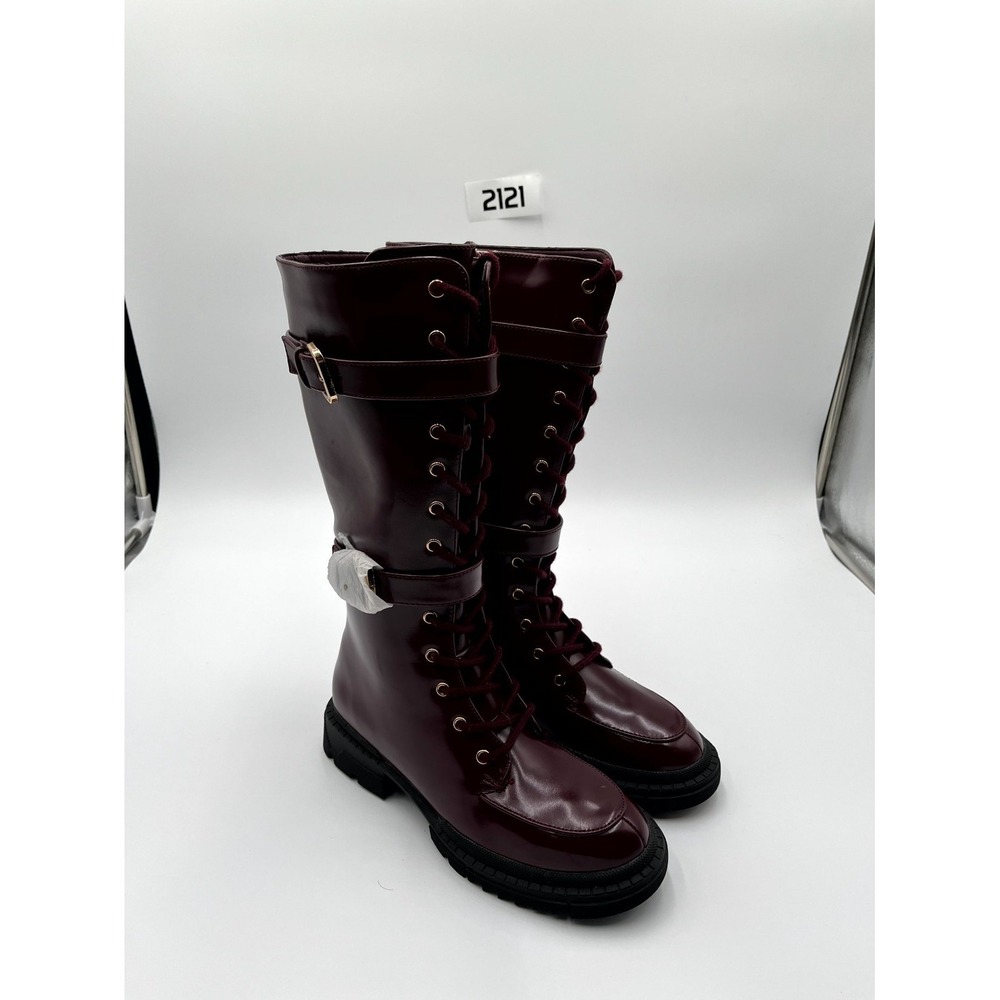 Gabriela Womens Us 7 Combat Boot Burgundy Leather‎ Side Zip Buckle Strap Tall